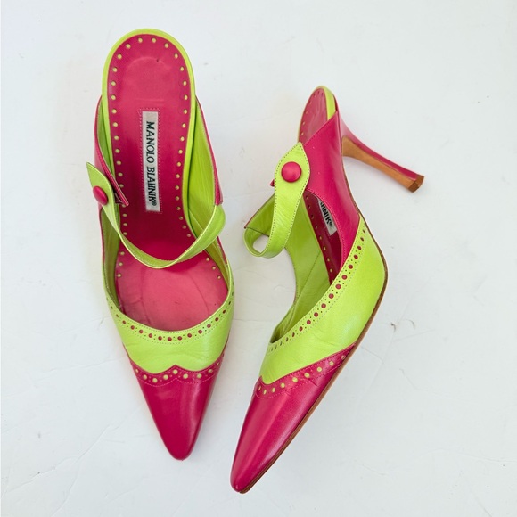 Manolo Blahnik Vintage Lime Pink Wingtip Mary Jane Pointed Toe heel mules EU 37 - Picture 1 of 10